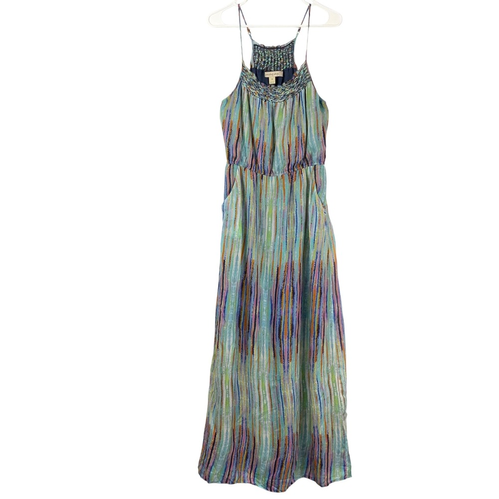 Presley Skye Abstract Silk Maxi Dress M Pullover Smocked Neck Sleeveless Braided
